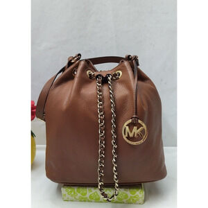 Michael Kors Frankie Brown Pebbled Leather Drawstring Convertible Shoulder Bag